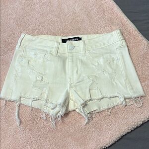 Express Cream/ White Distressed Jean Shorts